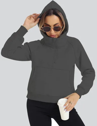 Vista 3 de ROYLAMP Sudaderas cortas con capucha de forro polar con media cremallera para mujer, ropa de invierno con cremallera de un cuarto, Gris-oscuro