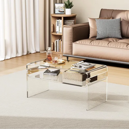 Vista 8 de Mesa de café acrílica para sala de estar con estante de almacenamiento abierto, mesa rectangular transparente de Lucite (1, Transparente, Normal)