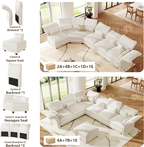 Vista 4 de LLappuil Respaldo grande para sofá modular modular con ángulos ajustables, caja D, solo compatible con caja C, pana beige Tool Free Assembly
