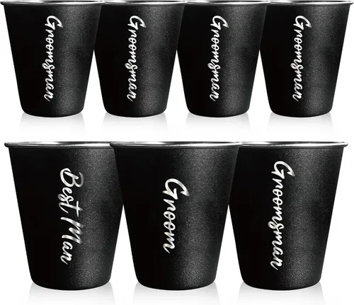 Vista 12 de PartyGifts&beyond 7 vasos de chupito para padrinos de boda para despedida de soltero y día de boda, vasos de chupito de acero inoxidable de 2 onzas