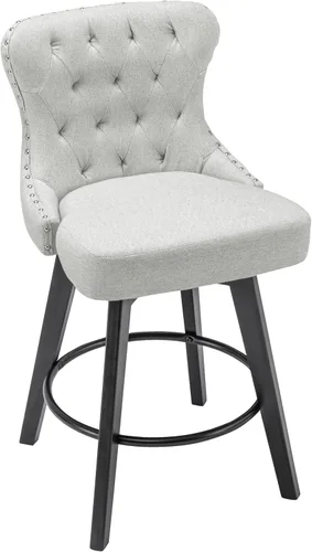 Vista 4 de Juego de 2 taburetes de bar giratorios de 360° con botón acolchonados, taburetes de bar tapizados de 26 pulgadas con patas de madera maciza
