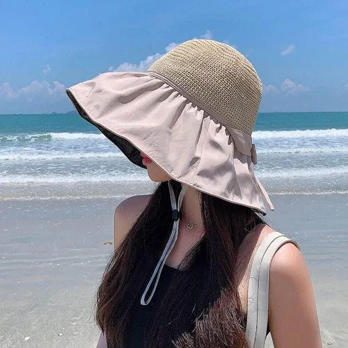 Vista 3 de Sombrero de paja de malla de ala ancha para mujer, protección UV, sombrero de paja plegable de verano, UPF 50+ Beige