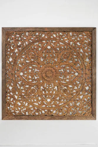 Vista 4 de Cabecero tallado de tamaño Super King, paneles de madera de mandala montados en la pared, acabado rústico marrón envejecido, 80 pulgadas