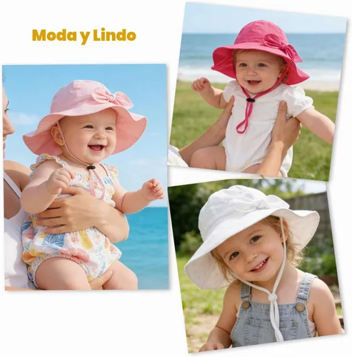 Vista 7 de Sombrero de sol para bebé niña con UPF 50+ sombrero de playa ajustable para exteriores con ala ancha Beige