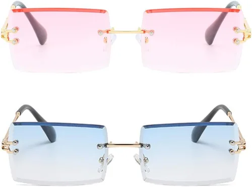 Vista 4 de LASPOR Paquete de 2 lentes de sol rectangulares sin montura para hombres y mujeres, vintage, retro, cuadrados, de metal dorado, sin marco, lentes