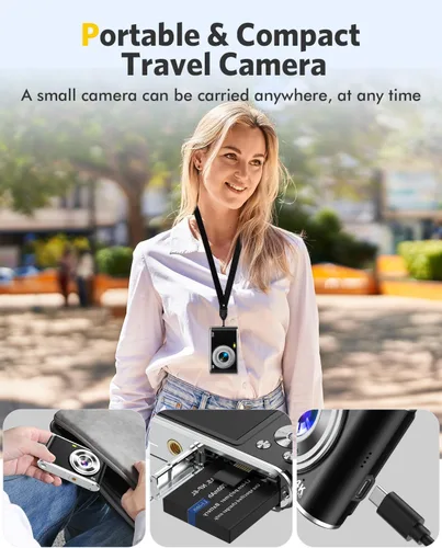Vista 5 de Cámara digital FHD 4K para vlogging con enfoque automático, lente dual de 48MP, zoom digital 16X, pantalla IPS de 2.8" compacta, cámara de video