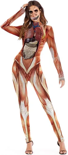 Vista 33 de Sister Amy Disfraz de esqueleto de calavera para mujer de Halloween, traje ajustado de una pieza J-colorido esqueleto
