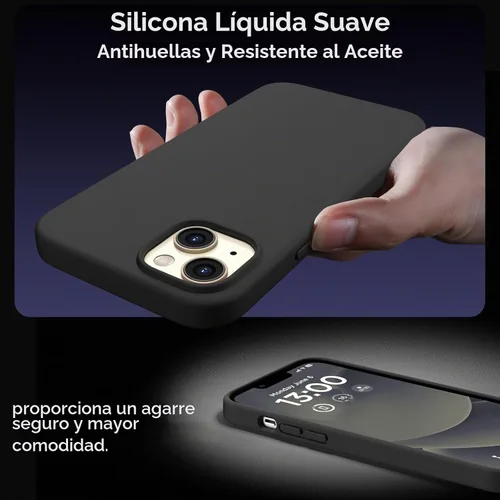 Vista 8 de Funda delgada para iPhone 13 de 6.1 pulgadas, silicona líquida a prueba de golpes, con forro de microfibra suave antiarañazos, 2 protectores de Negro