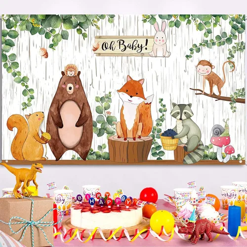 Vista 4 de Cartel de fondo de baby shower con temática de animales de la selva, decoración de fiesta de baby shower, criatura del bosque, fondo de fotografía