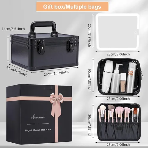 Vista 5 de Estuche de maquillaje con espejo LED, estuche rígido de viaje con espejo iluminado recargable y divisores ajustables, bolsa de almacenamiento