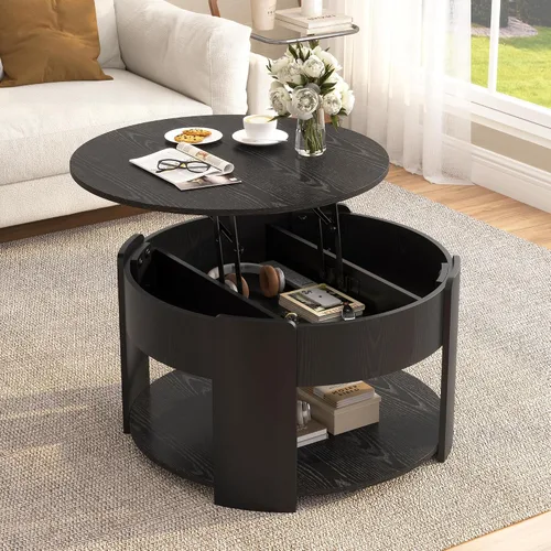 Vista 13 de Mesa auxiliar elevable con almacenamiento, moderna mesa central de 42 pulgadas con tres paneles de almacenamiento ocultos y estriados, elevación