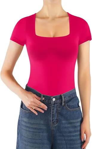 Vista 2 de MANGOPOP - Body de manga corta con cuello cuadrado para mujer
