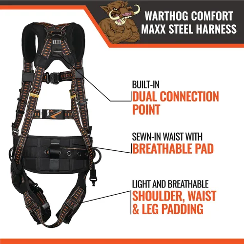 Vista 2 de Malta Dynamics Warthog Comfort MAXX Arnés de acero – Arnés de protección contra caídas de cuerpo completo y cumple con OSHA y ANSI