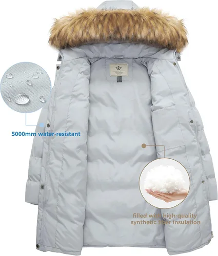 Vista 5 de WenVen - Abrigo grueso de invierno, para mujer, con capucha desmontable, de piel