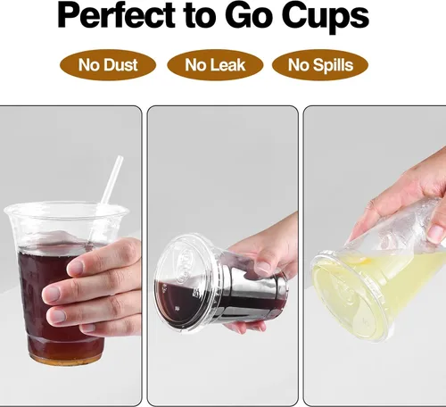 Vista 5 de Paquete de 100 vasos de plástico transparente de 20 onzas con tapas y pajitas, tazas de café helado resistentes y seguras para alimentos con tapas