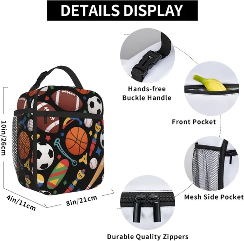 Vista 5 de Bolsa de almuerzo divertida para niños con pelotas deportivas, bolsa reutilizable para baloncesto, fútbol, fútbol americano y béisbol, lonchera