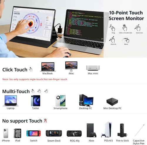 Vista 7 de AYY Monitor portátil 4k, pantalla táctil de 13.4" 3840x2160 Segunda pantalla 100% sRGB, 400cd HDR USB C Ultra Slim IPS Monitor portátil para Mac