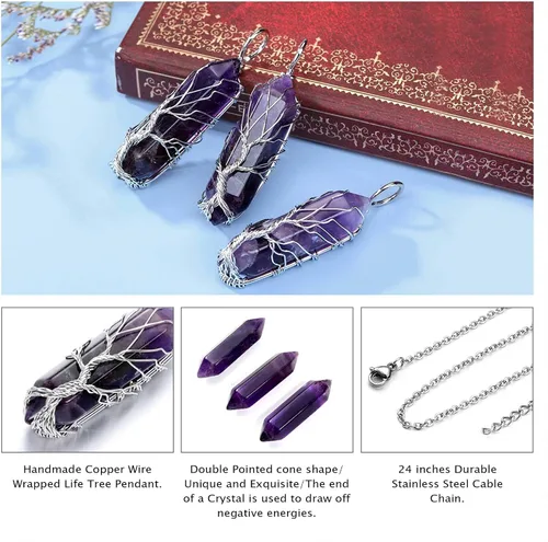 Vista 5 de GEHECRST Collar de cristal curativo, árbol de la vida, envuelto en alambre de cuarzo natural, piedra de cristal de piedra preciosa, collar con dije