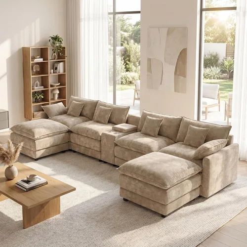 Vista 24 de Sofá modular en forma de U de 143 pulgadas para sala de estar, sofá modular de gran tamaño, sofás seccionales modernos, asiento profundo de pana