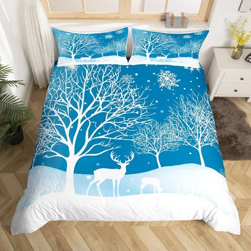 Vista 12 de Juego de ropa de cama de Feliz Navidad, funda de edredón azul con árbol de Navidad para niñas y niños, elegante funda de edredón de copo de nieve