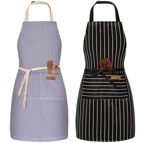 Vista 17 de Paquete de 2 delantales ajustables con peto, delantales de chef para cocina, restaurante, con 2 bolsillos, delantales para mujeres y hombres