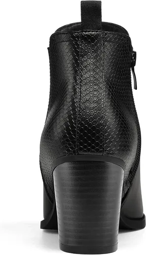 Vista 3 de mysoft Botines de tobillo para mujer con corte en V, panel elástico lateral, tacón grueso apilado con cremallera lateral Patrón de serpiente negro.