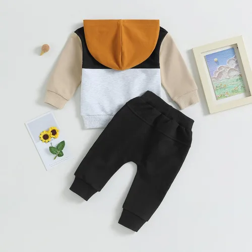 Vista 7 de Conjunto de ropa de invierno de 2 piezas con capucha de manga larga para bebé, pantalones casuales de retazos