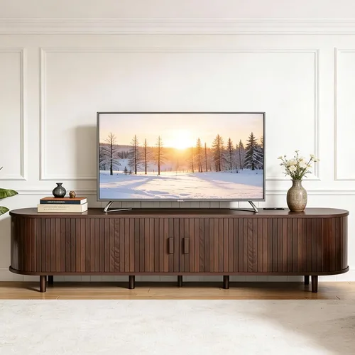 Vista 18 de Soporte de TV moderno de mediados de siglo de 58 pulgadas, consolas de TV de madera con puertas correderas y toma de corriente, centro