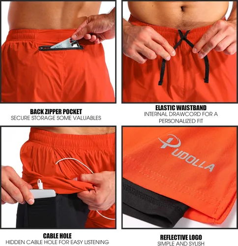 Vista 5 de Pudolla Mens 2 in 1 Running Shorts 7" Quick Dry Gym Athletic Workout Shorts for Men with Phone Pockets