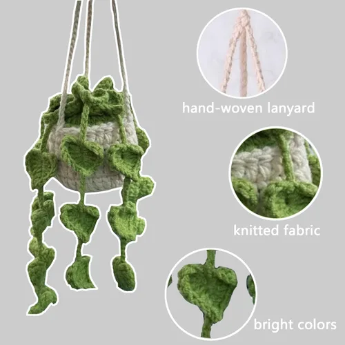 Vista 3 de Accesorios de coche de ganchillo,Lindas plantas en maceta Crochet Car Mirror Hanging Accesorios,Accesorios de espejo retrovisor de punto hecho a