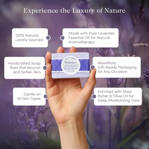 Vista 3 de Victoria's Lavender Set de regalo: jabón hecho a mano, loción para manos y cuerpo, bálsamo labial, productos de lavanda de lujo, regalos ideales