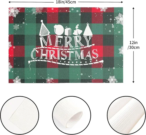 Vista 2 de Juego de 4 manteles individuales de Navidad, diseño de copos de nieve a cuadros, para mesa de comedor, impermeables, para decoración de mesa