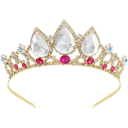Vista 9 de COCIDE Rapunzel - Corona para niñas, tiara de cristal AB y corona para fiesta de cumpleaños, diadema de perlas para diamantes de imitación, postizo