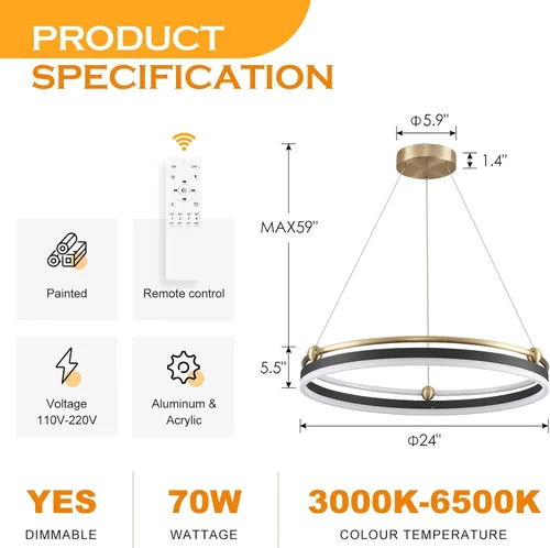Vista 6 de Benkut Lámpara colgante LED moderna D24 pulgadas, color negro dorado, lámpara LED circular regulable, 1 anillo con control remoto, luz colgante