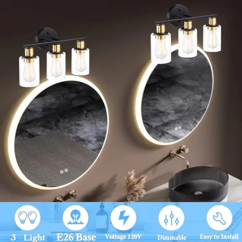 Vista 5 de Lámpara de tocador de 3 luces negra y dorada sobre el espejo, lámparas de pared de baño con pantalla de vidrio transparente que incluye base mediana