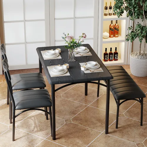 Vista 3 de IDEALHOUSE Juego de mesa de comedor para 4, mesa de cocina con sillas para 4, mesa de comedor rectangular de madera con banco tapizado para espacios
