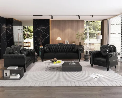 Vista 22 de AVZEAR Chesterfield - Juego de sofás seccional de 2 piezas para sala de estar, sofá tapizado en terciopelo moderno de mediados de siglo, sofá Blanco