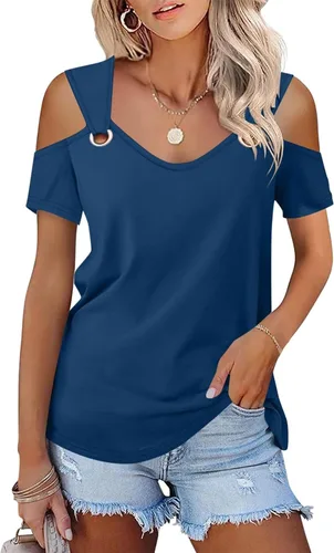 Vista 27 de Minetom - Camisetas básicas de verano para mujer, de manga corta, con hombros descubiertos y cuello en V