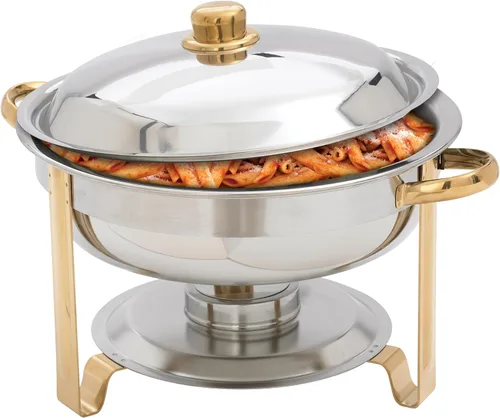 Vista 4 de Winco Winware Chafer Redondo de Acero Inoxidable con Acentos Dorados de 4 Cuartos, Plateado