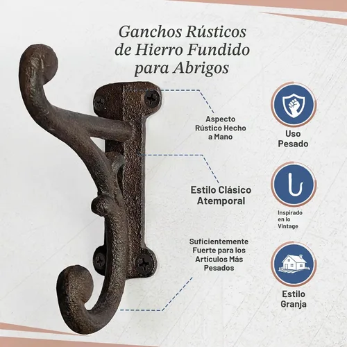 Vista 9 de Ganchos rústicos de hierro fundido (paquete de 3) color marrón oscuro rústico, para montar en la pared, decoración de granja, ganchos de pared