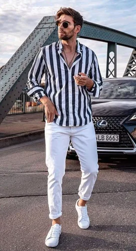 Vista 6 de Renaowin Camisas de manga larga con botones, estilo casual, a rayas, de algodón