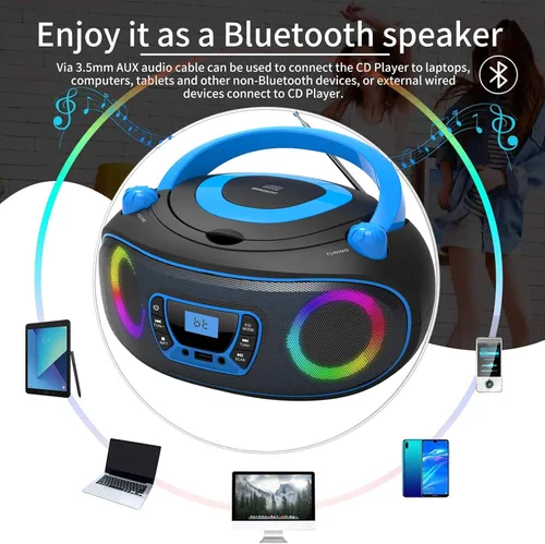 Vista 5 de Reproductor de radio portátil CD Boombox con Bluetooth, radio FM, reproducción de MP3 por USB, entrada AUX, conector para auriculares, compatible