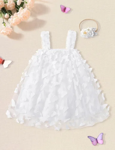 Vista 5 de Vestido tutú para niñas pequeñas, sin mangas, con diseño de mariposa, tul, para cumpleaños, princesa, con diadema de flores