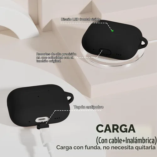 Vista 6 de Funda para AirPods Pro, funda de silicona suave compatible con Airpods Pro de 2ª/1ª generación para mujeres y niñas, con kit de limpieza y llavero 1