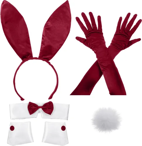 Vista 10 de Zhanmai Juego de accesorios de disfraz de conejo de Halloween para mujer Diadema de orejas de conejo rojo rosa, puños, cola y guantes, accesorio