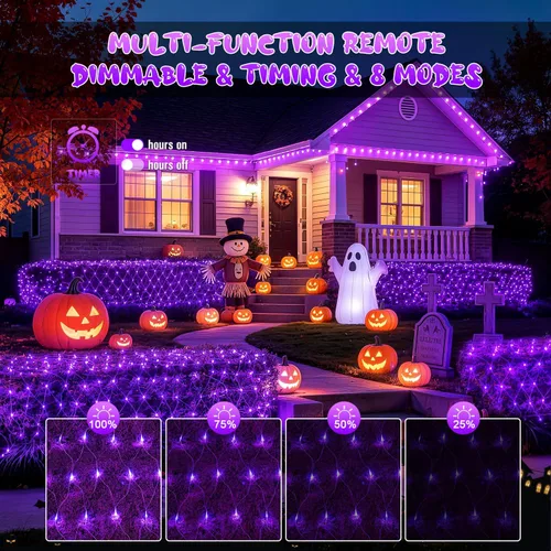 Vista 6 de JMEXSUSS 200 luces LED de red moradas para Halloween, 9.8 pies x 6.6 pies Púrpura