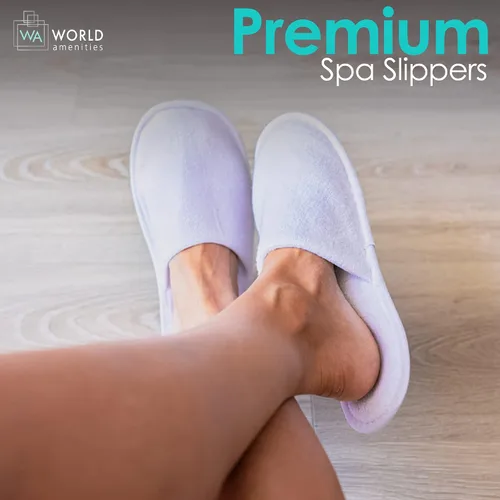 Vista 5 de World Amenities Pantuflas de spa prémium unisex a granel Punta cerrada, envueltas individualmente Pantuflas de hotel