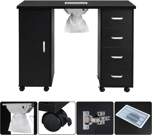 Vista 2 de Winado Mesa de manicura para uñas, escritorio de salón negro con colector