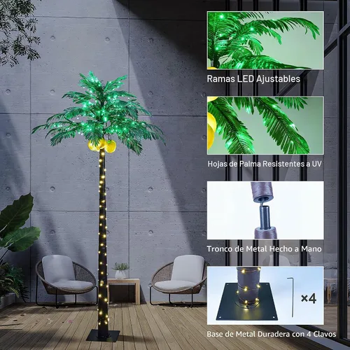 Vista 2 de Palmera Iluminada de 8 Pies 256 LED Árbol de Palmera Artificial con Luces para Decoración Exterior e Interior Vacaciones de Verano Navidad Tiki Bar