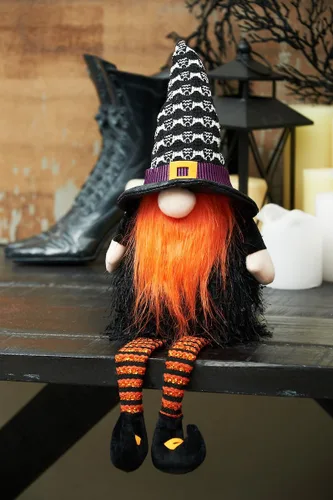 Vista 3 de GALLERIE II Muñeca de gnomo grande de Halloween con patas colgantes, estante LED, figura de niñera, cosecha, otoño, espeluznante, aterradora